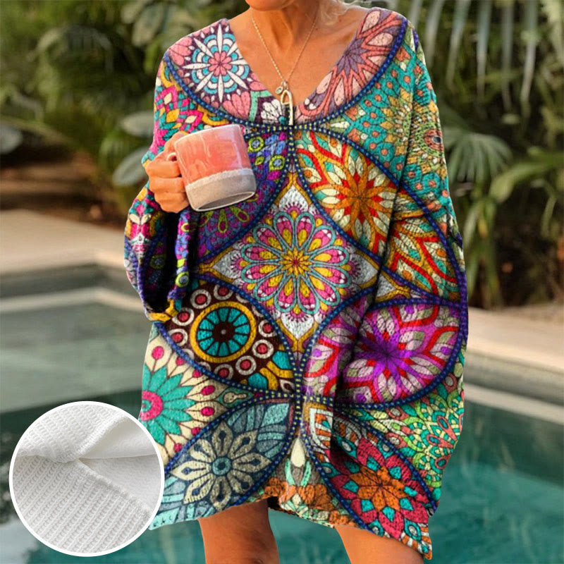 Women's Geometric Mandala Flower Print Causal V-neck Pullover Sweater - Lake Blue - 4XL - image 1