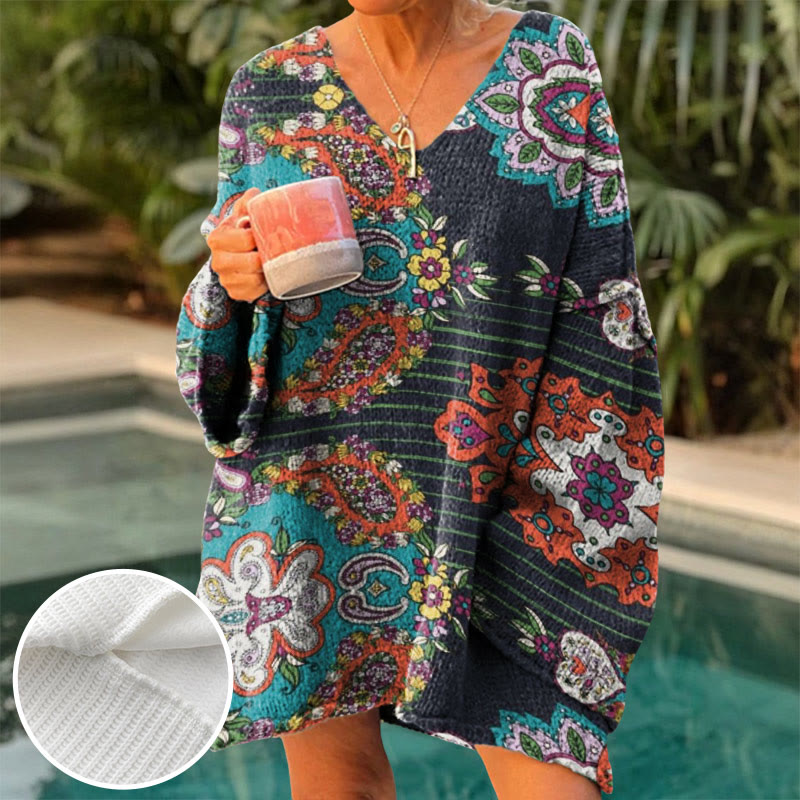 Women's Asymmetric Mandala Flower Print Causal V-neck Pullover Sweater - Lake Blue - 4XL - image 1