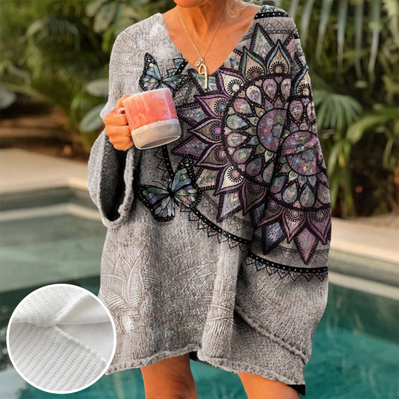 Women's Vintage Butterfly Mandala Flower Print Causal V-neck Pullover Sweater - Purple - 4XL - image 1