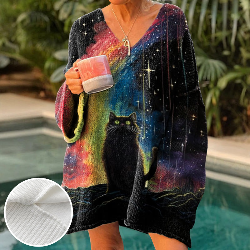 Women's Black Cat Under Rainbow Aurora Print Causal V-neck Pullover Sweater - Black - 4XL - image 1