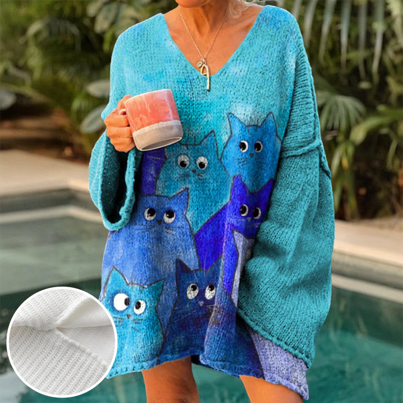 Women's Watercolor Cats Stacked Print Causal V-neck Pullover Sweater - Lake Blue - 4XL - image 1