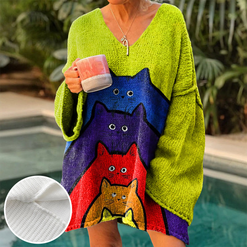 Women's Stacked Colorful Cats Print Causal V-neck Pullover Sweater - Green - 4XL - image 1