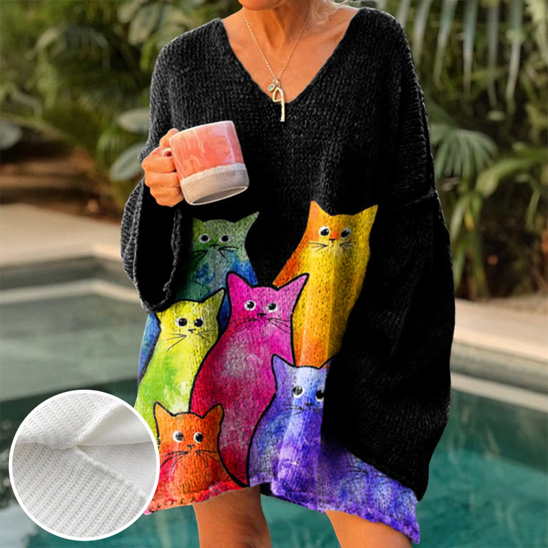 Women's Colorful Watercolor Cats Print Causal V-neck Pullover Sweater - Black - 4XL - image 1