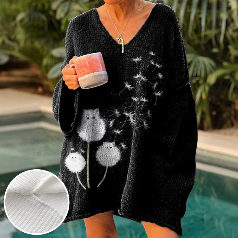 Women's Dandelion Cat Print Causal V-neck Pullover Sweater - Black - 4XL - image 1