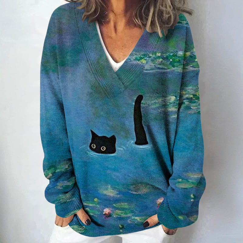 Women's Oil Painting Cat Print Causal V-neck Pullover Sweater - Dark Blue - 4XL - image 1