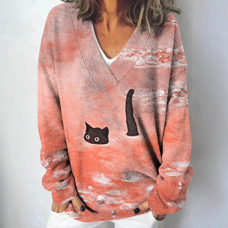 Women's Oil Painting Cat Print Causal V-neck Pullover Sweater - Orange - 4XL - image 5