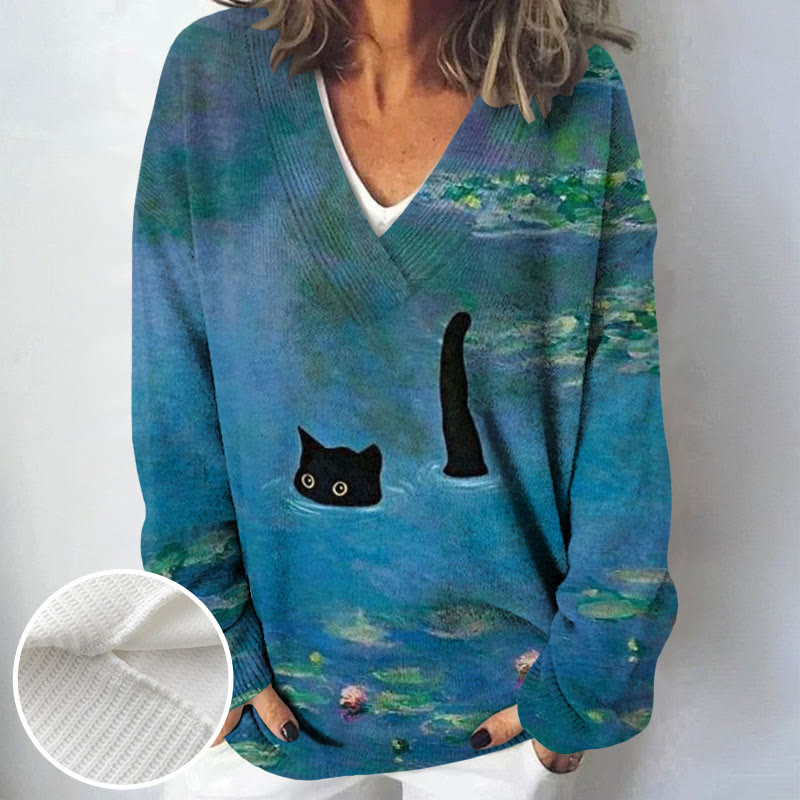 Women's Oil Painting Cat Print Causal V-neck Pullover Sweater - image 6