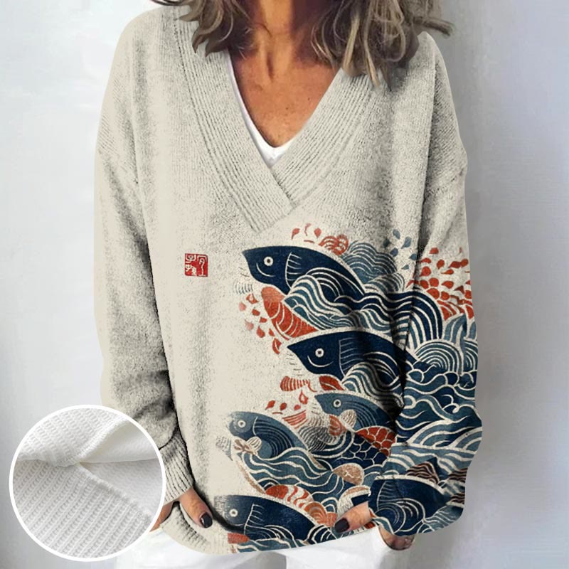 Japanese Art Carp Print Causal V-neck Pullover Sweater - image 2
