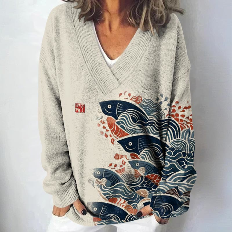 Japanese Art Carp Print Causal V-neck Pullover Sweater - Beige - 4XL - image 1
