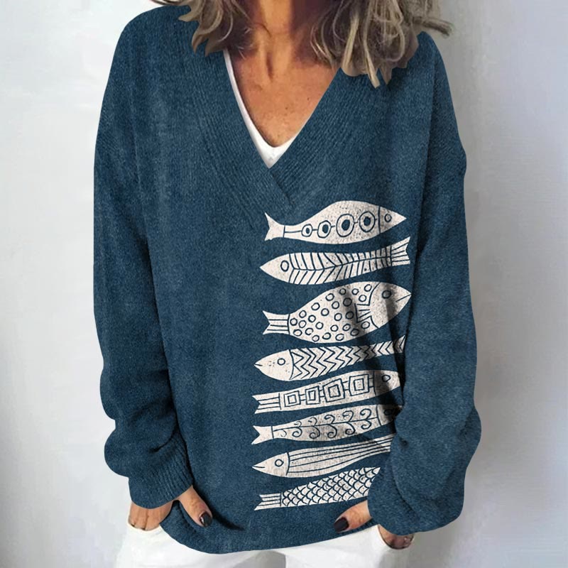 Fish Japanese Lino Art print causal V-neck Pullover Sweater - Navy Blue - 4XL - image 1