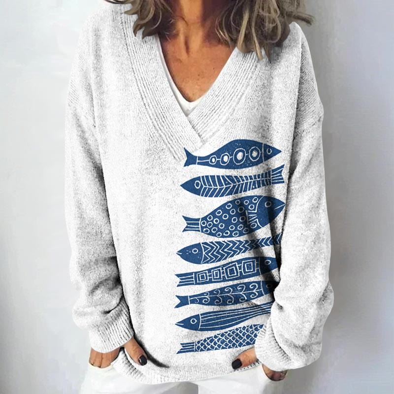 Fish Japanese Lino Art print causal V-neck Pullover Sweater - White - 4XL - image 3