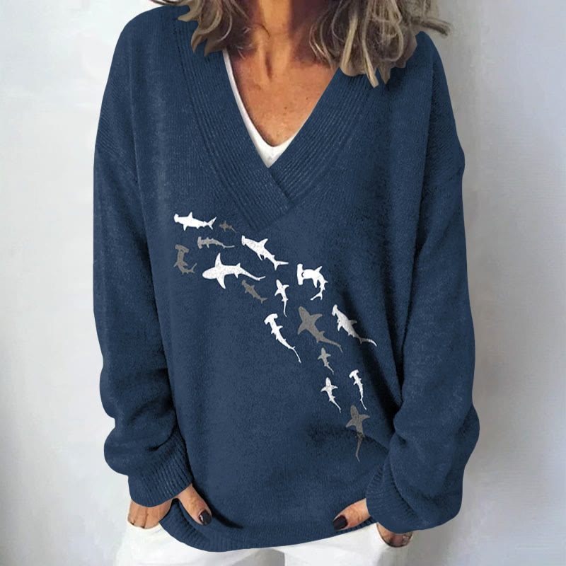 Shark Print Causal V-neck Pullover Sweater - Dark Blue - 4XL - image 1