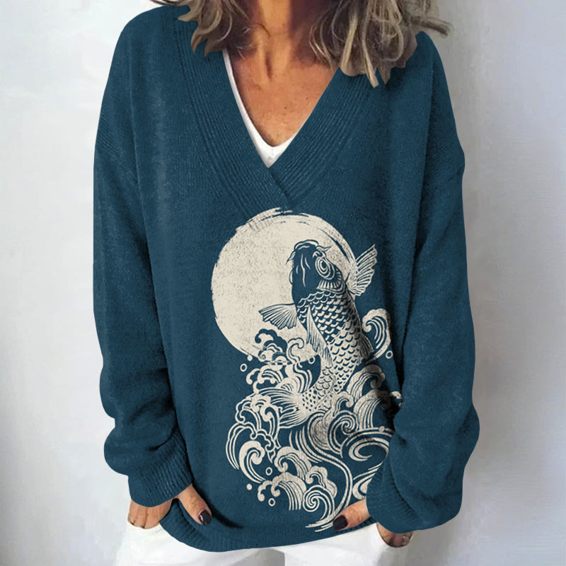 Carp Jump Sunrise Japanese Art Print Causal V-neck Pullover Sweater - Navy Blue - 4XL - image 1