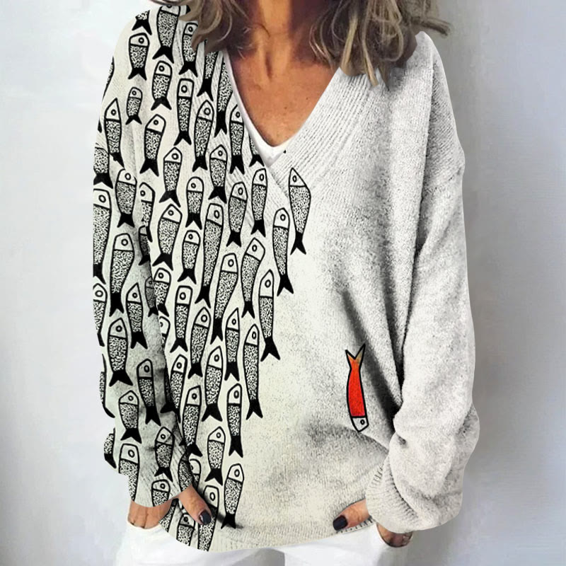 Cute Simple Lines Abstract Geometric Fish Art Print Causal V-neck Pullover Sweater - Beige - 4XL - image 1