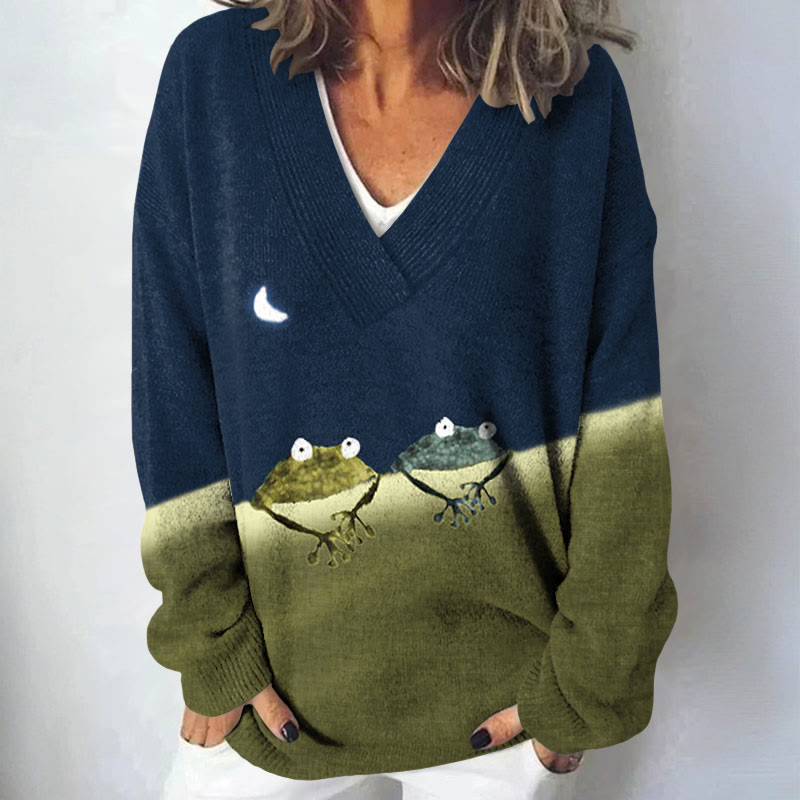 Simple Frog Color Block Print Causal V-neck Pullover Sweater - Dark Blue - 4XL - image 1