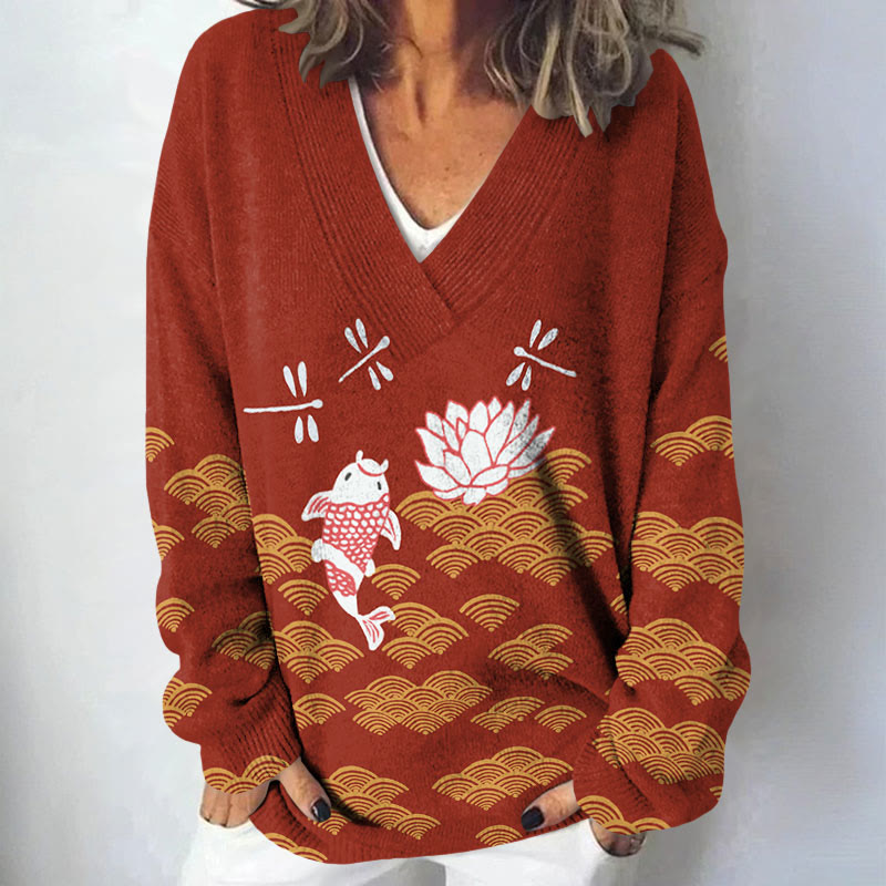 Japanese Style Koi Fish Dragonfly Wave Art Print Causal V-neck Pullover Sweater - Red - 4XL - image 4