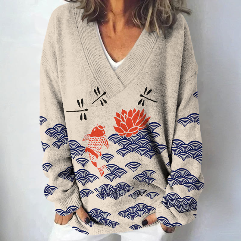 Japanese Style Koi Fish Dragonfly Wave Art Print Causal V-neck Pullover Sweater - Apricot - 4XL - image 1