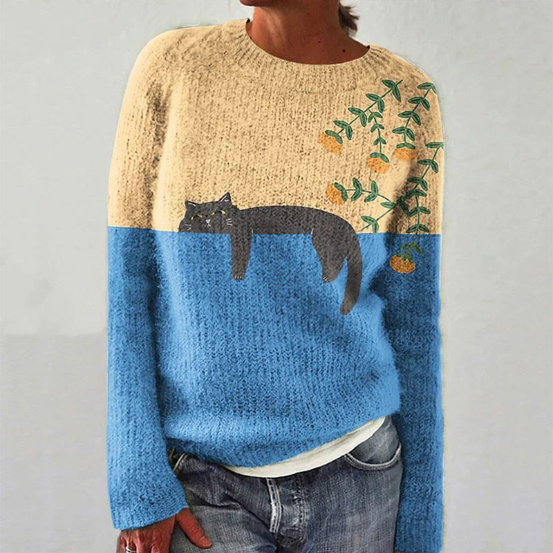 Abstract Creative Lazy Black Cat Painting Art Print Crew Neck Women's Casual Sweater - Yellow - 4XL - image 1
