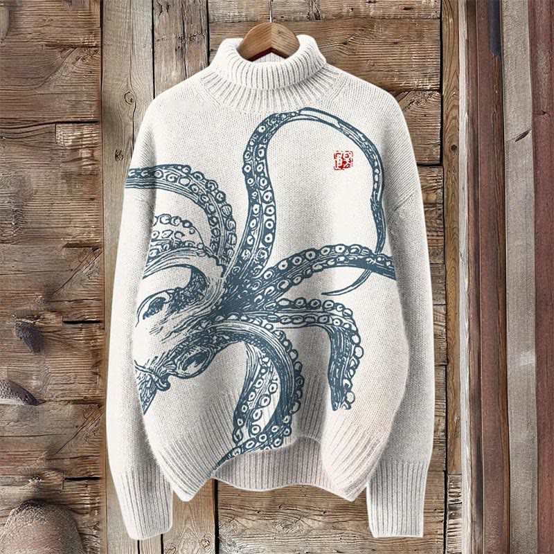 Japanese Art Octopus Print Turtleneck Pullover Sweater - Beige - 4XL - image 1