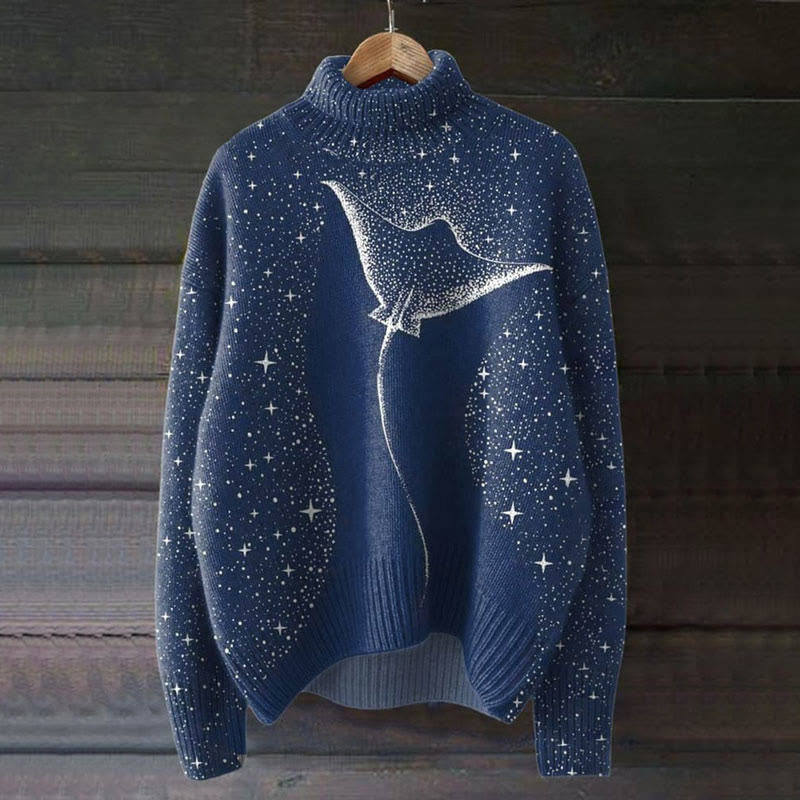Manta In The Galaxy Art Print Turtleneck Pullover Sweater - Dark Blue - 4XL - image 1