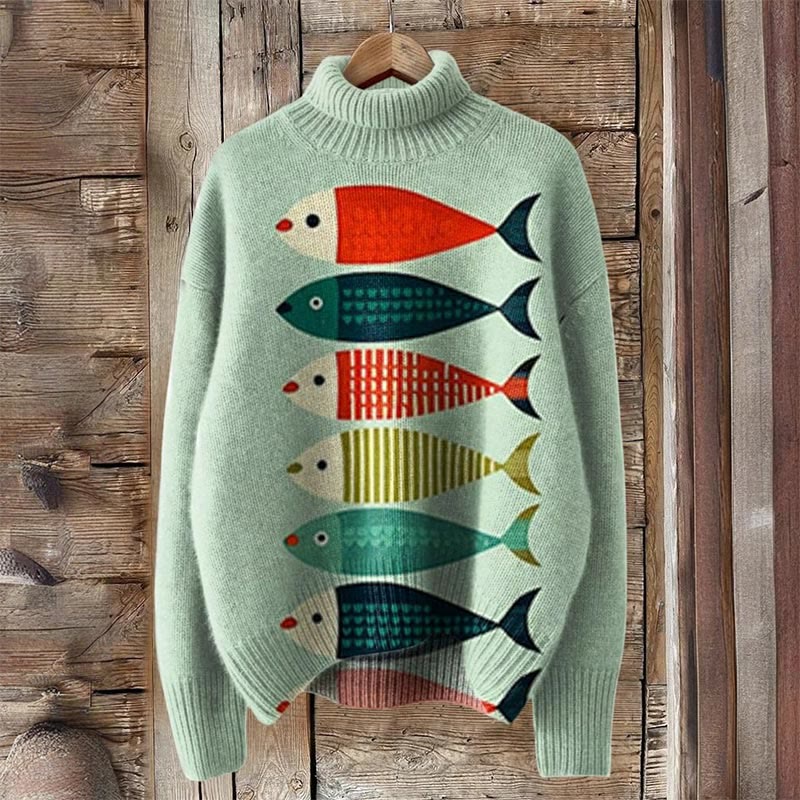 Fish Art Print Turtleneck Pullover Sweater - Green - 4XL - image 1
