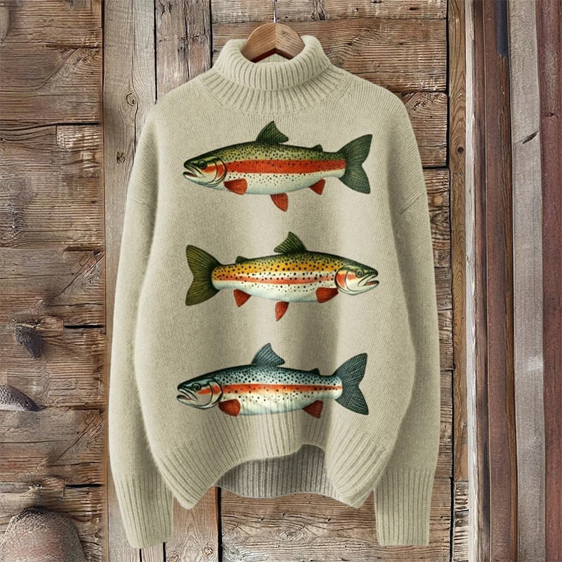 Japanese Fish Art Print Turtleneck Pullover Sweater - Apricot - 4XL - image 1