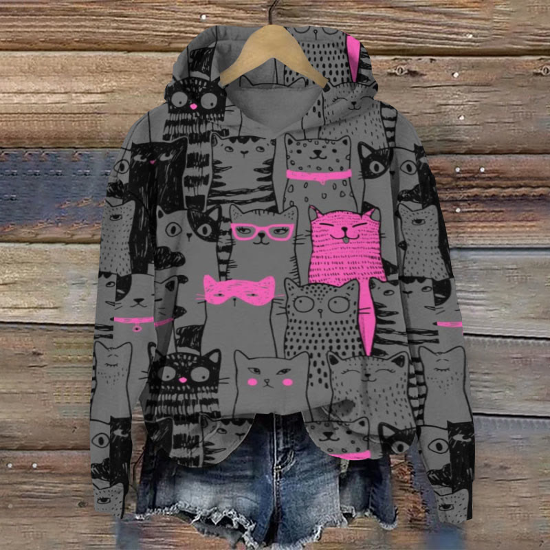 Women's Funny Stacked Spotted Cat Art Print Long Sleeve Hoodie - Grey - 8XL - image 1