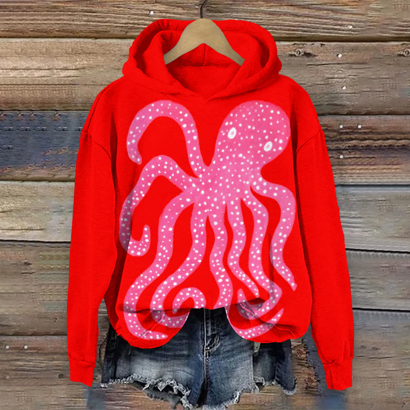 Women's Oil Painting Pink Octopus Art Print Long Sleeve Hoodie - Rose - 8XL - image 1