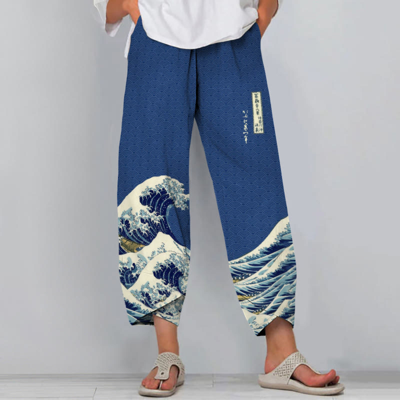 Women's Waves Japanese Art Print Drawstring Pocket Pants - Dark Blue - 8XL - image 1