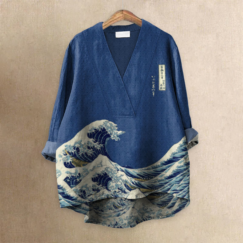 Women's Waves Japanese Art Printed Casual V-neck Blouse - Dark Blue - 6XL - image 1