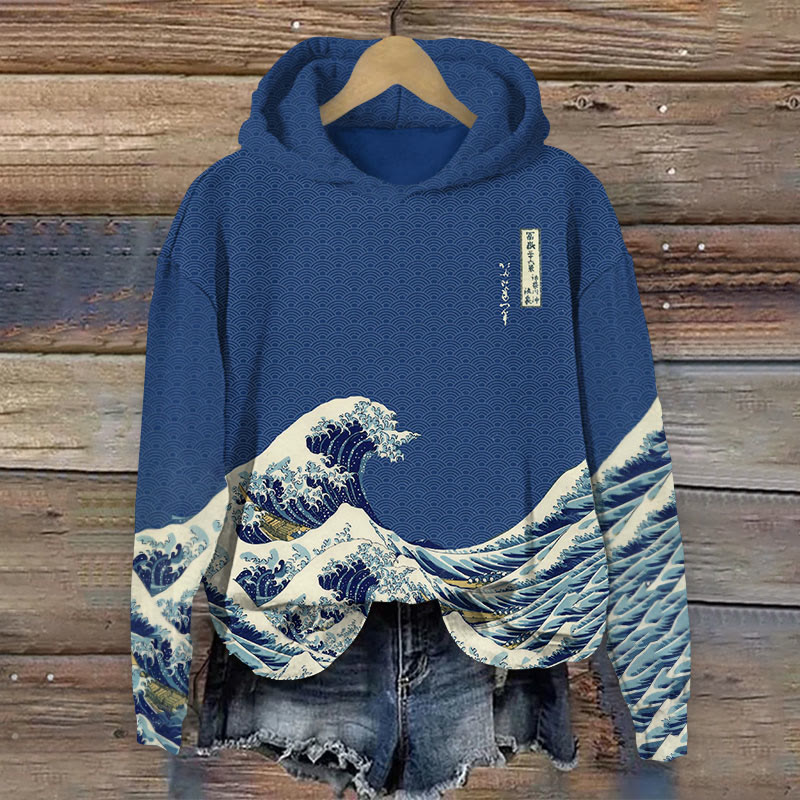 Women's Waves Japanese Art Print Long Sleeve Hoodie - Dark Blue - 8XL - image 1