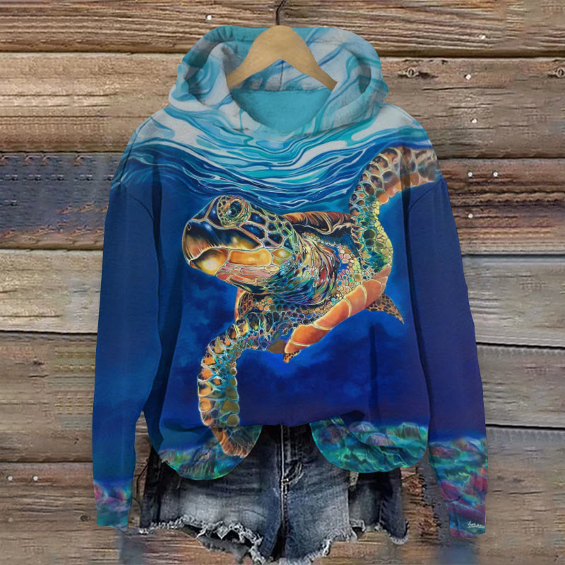 Undersea Turtle Art Print Long Sleeve Hoodie - Blue - 8XL - image 1