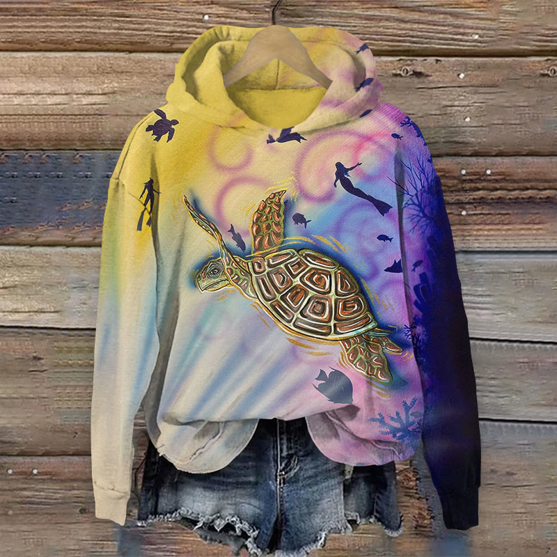 Fantasy Colorful Sea Turtle Art Print Long Sleeve Hoodie - Multicolor - 8XL - image 1