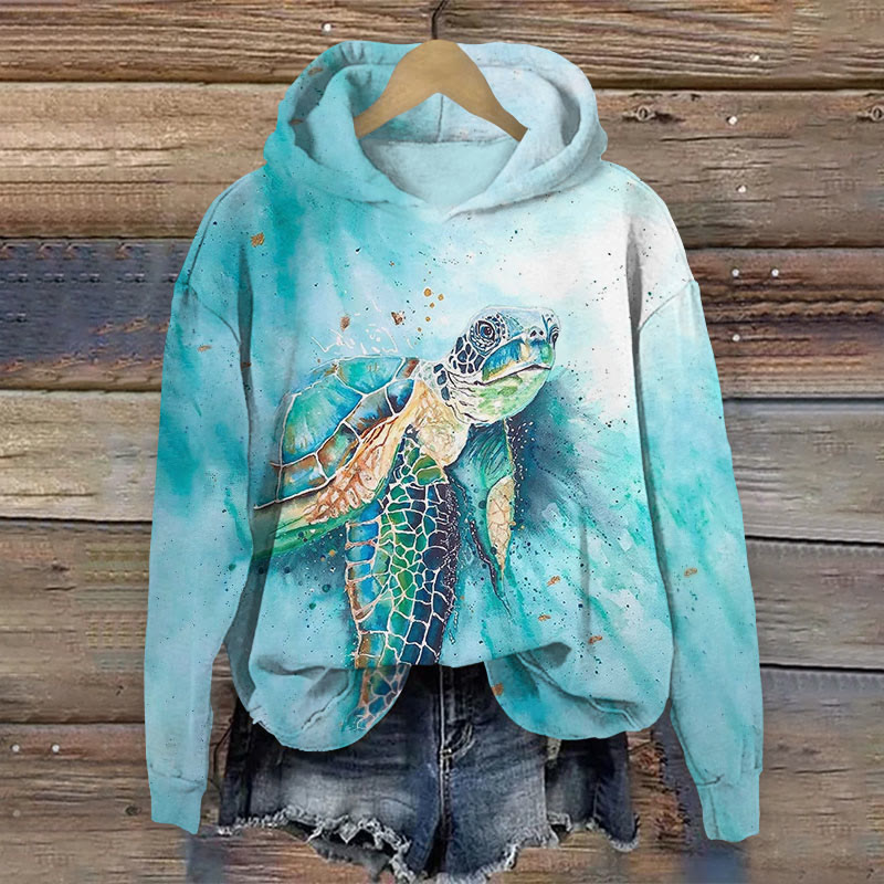 Watercolor Sea Turtle Print Long Sleeve Hoodie - Blue - 8XL - image 1