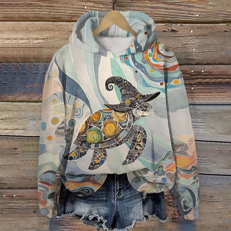 Watercolor The Witch Turtle Print Long Sleeve Hoodie - Multicolor - 8XL - image 1