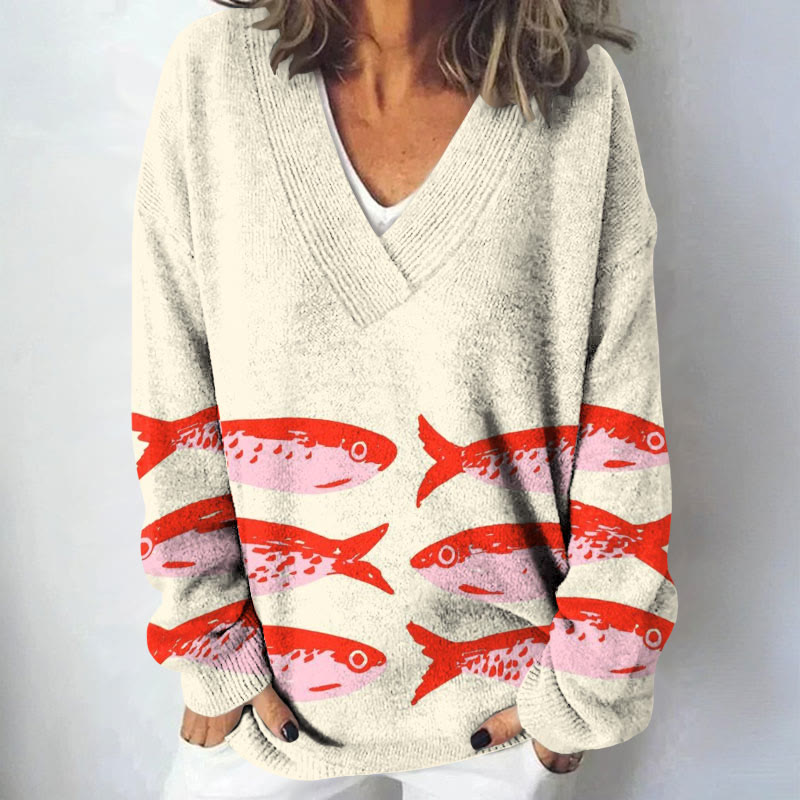 Cute Pink Sardines Art Print Causal V-neck Pullover Sweater - White - 4XL - image 1