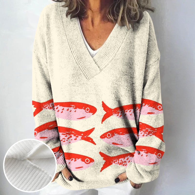 Cute Pink Sardines Art Print Causal V-neck Pullover Sweater - image 2