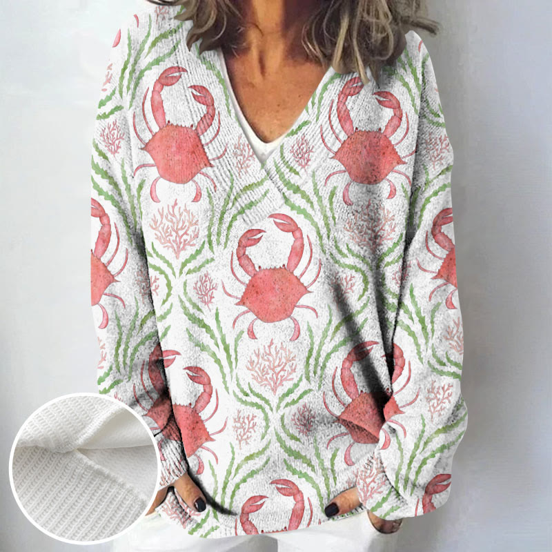 Cute Repeat Crab Art Print Causal V-neck Pullover Sweater - image 2