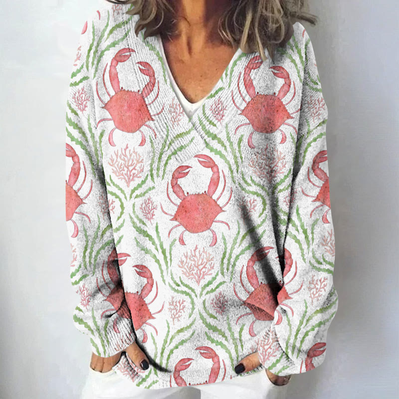 Cute Repeat Crab Art Print Causal V-neck Pullover Sweater - Red - 4XL - image 1