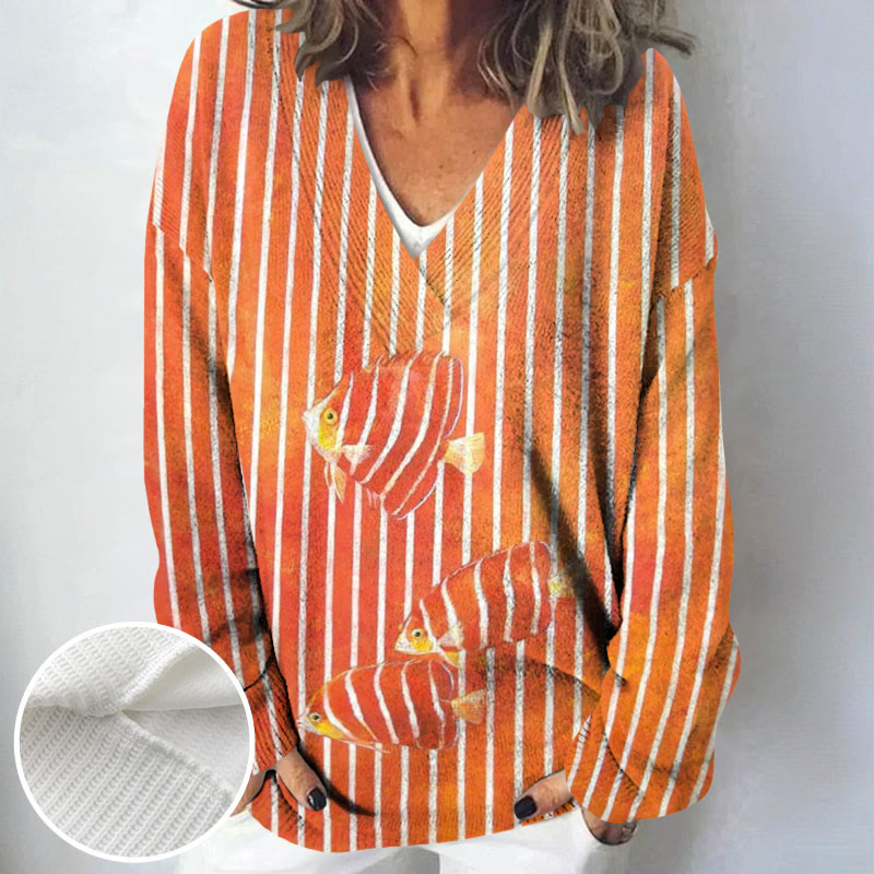 Striped Tropical Fish Art Print Causal V-neck Pullover Sweater - image 2