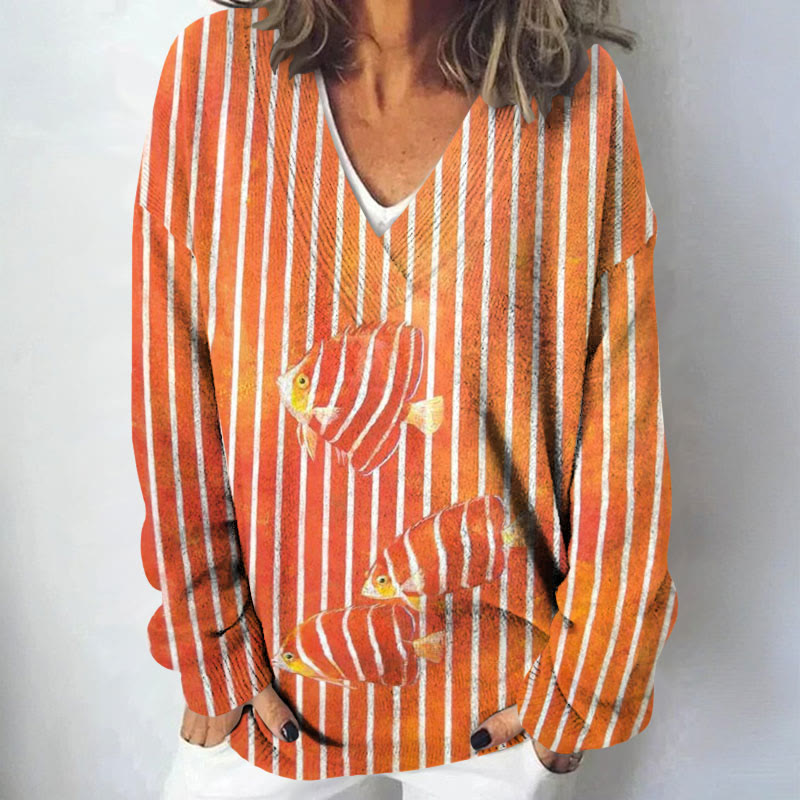 Striped Tropical Fish Art Print Causal V-neck Pullover Sweater - Orange - 4XL - image 1