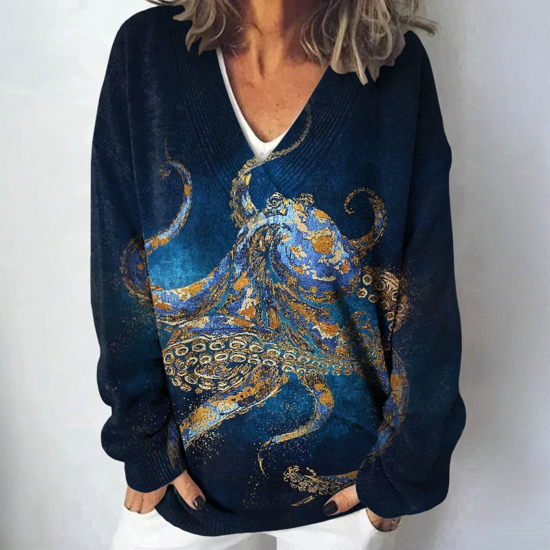 Gold And Blue Octopus In The Deep Print Causal V-neck Pullover Sweater - Dark Blue - 4XL - image 1