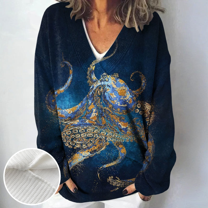 Gold And Blue Octopus In The Deep Print Causal V-neck Pullover Sweater - image 2