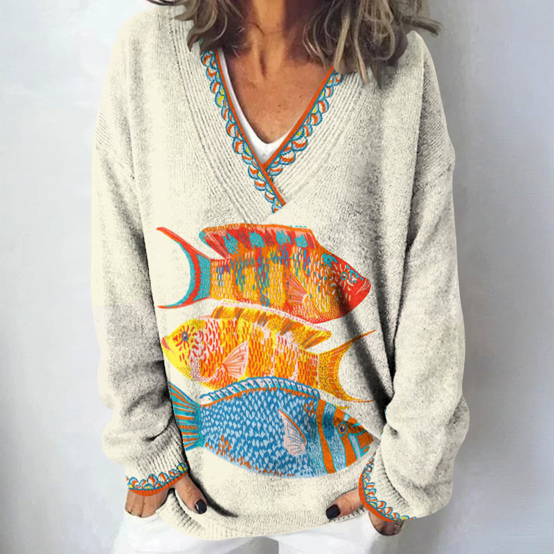 Fish Art Print Causal V-neck Pullover Sweater - White - 4XL - image 1