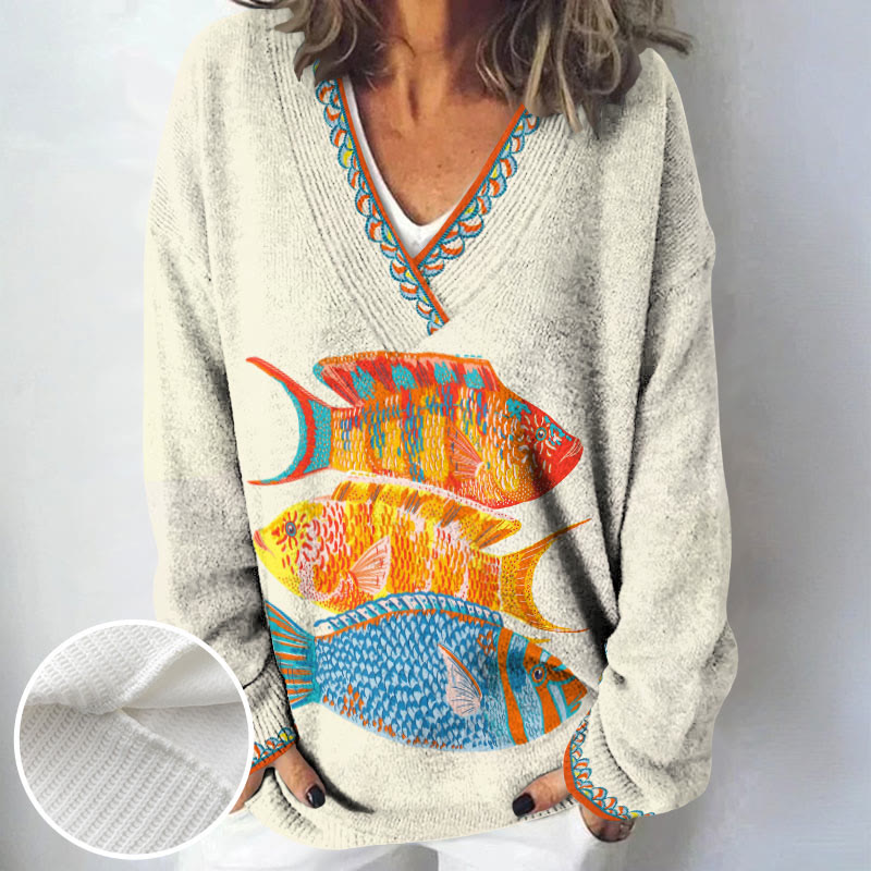 Fish Art Print Causal V-neck Pullover Sweater - image 2