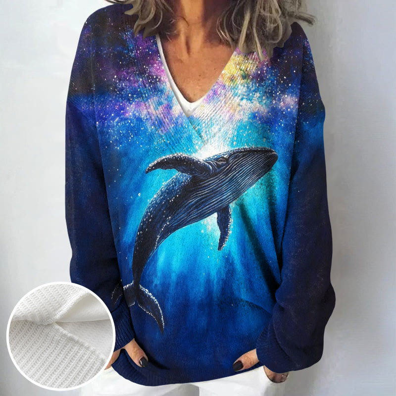 The Spiritual Meaning Of Whales Print Causal V-neck Pullover Sweater - image 2