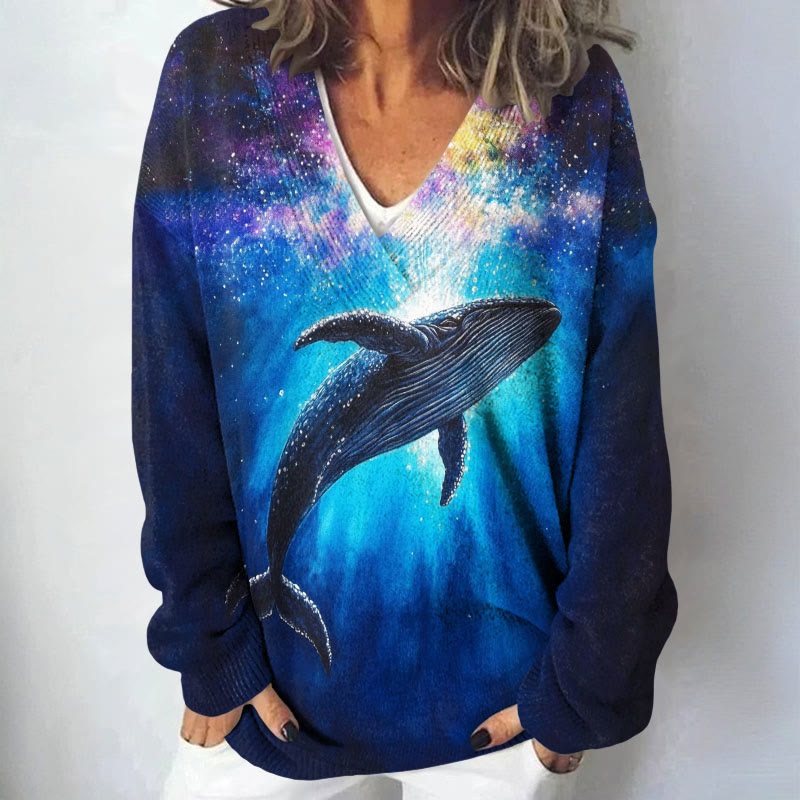The Spiritual Meaning Of Whales Print Causal V-neck Pullover Sweater - Blue - 4XL - image 1