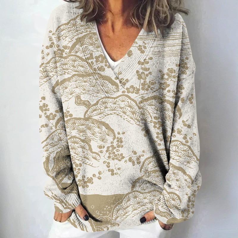 Women's Japanese Art Plum Blossom Art Print Causal V-neck Pullover Sweater - Apricot - 4XL - image 3