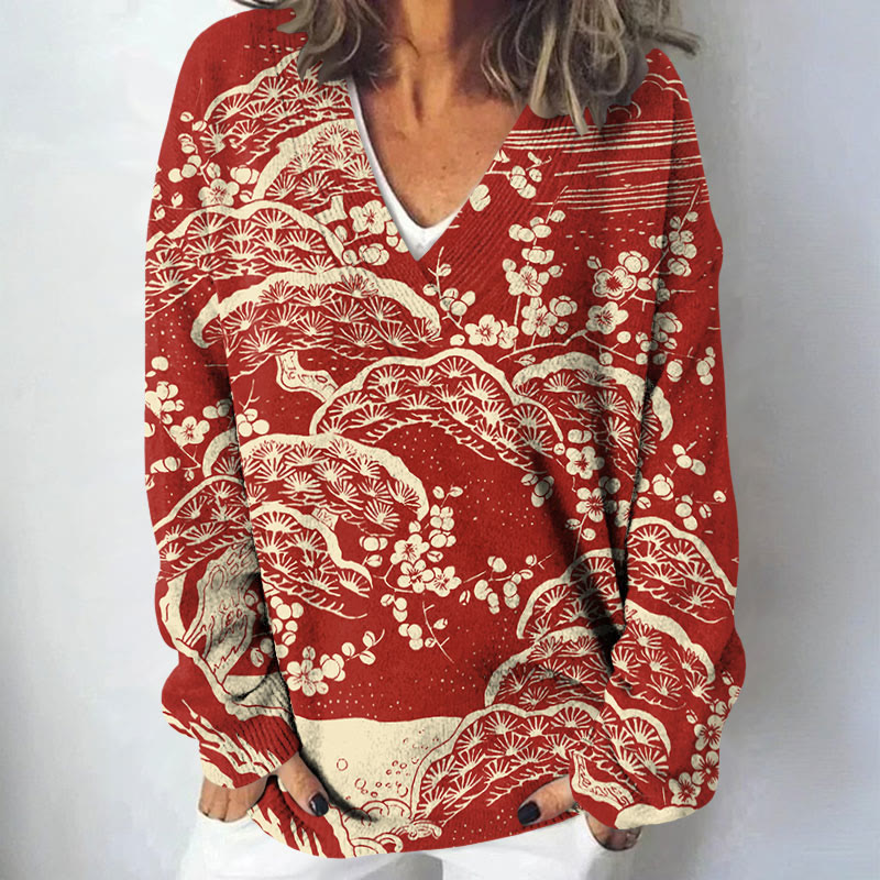Women's Japanese Art Plum Blossom Art Print Causal V-neck Pullover Sweater - Red - 4XL - image 1