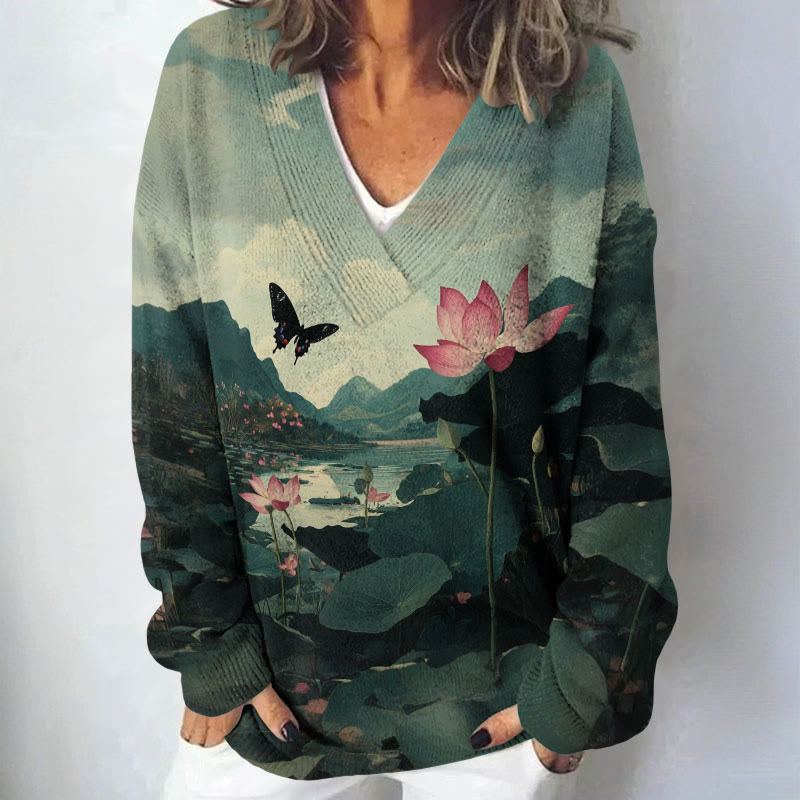 Women's Lovely Butterfly With Lotus Pond Printed Causal V-neck Pullover Sweater - Dark Green - 4XL - image 1